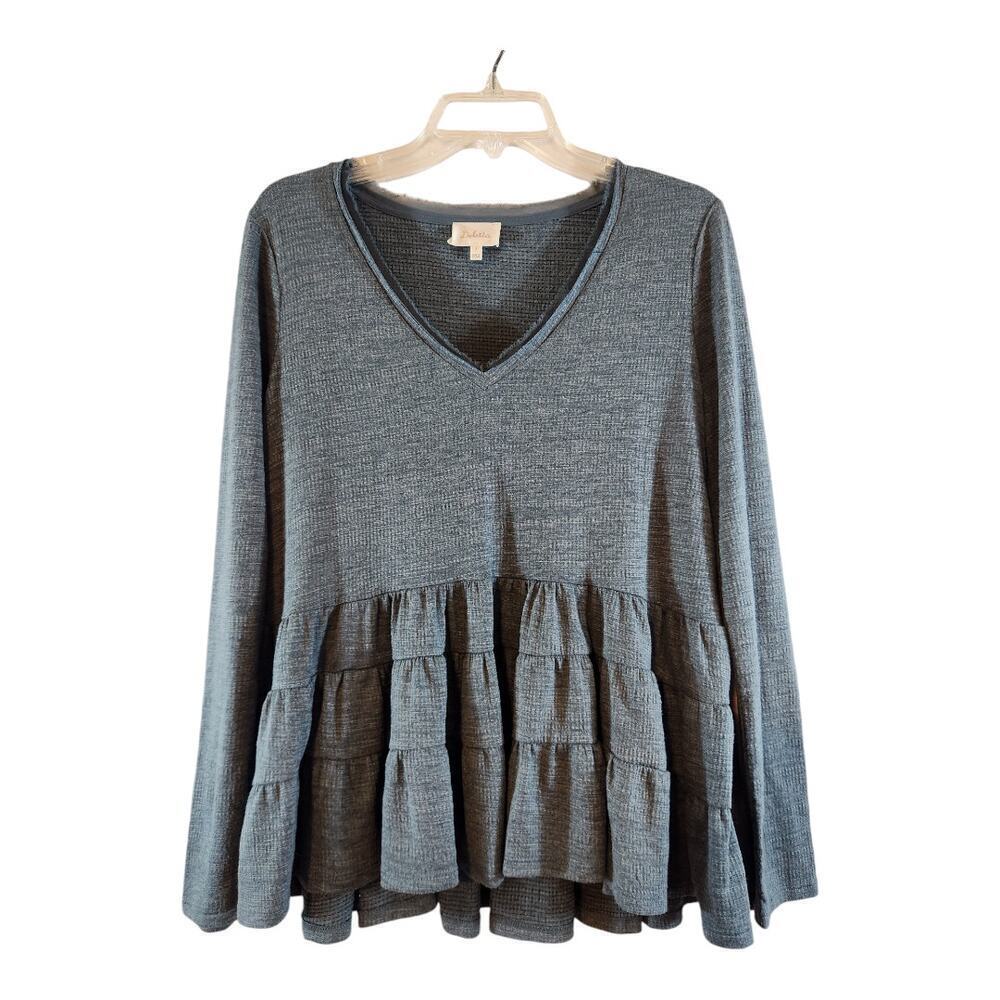 Deletta women's sz small Thea ruffle long sleeve top teal v neck Anthropologie